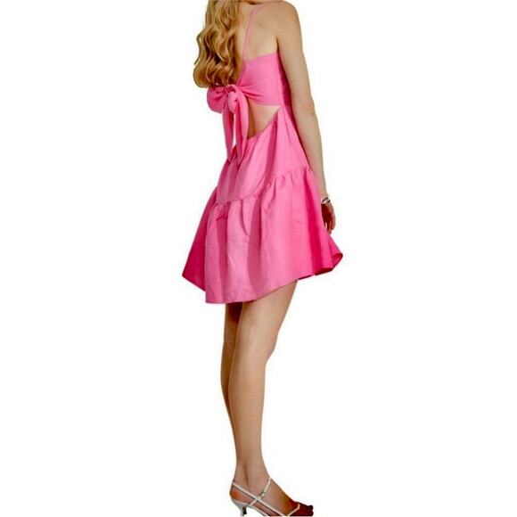 Bardot Pink Amelie Tiered Linen Mini Dress Size Small 6 - Picture 5 of 7